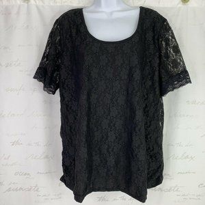 Bongo Lace Top Short Sleeve Black Scoop Neck 2X